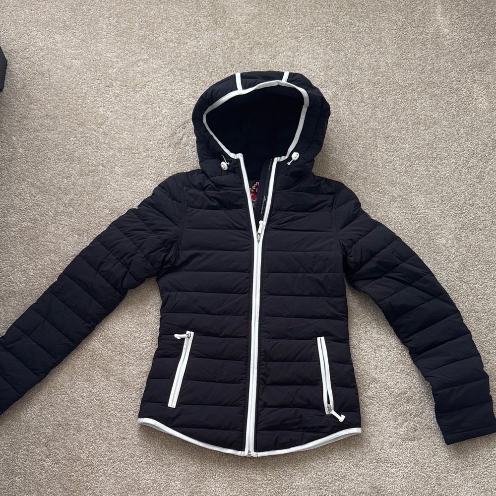 Moose Knuckles Black and White Hooded Puffer Jacket